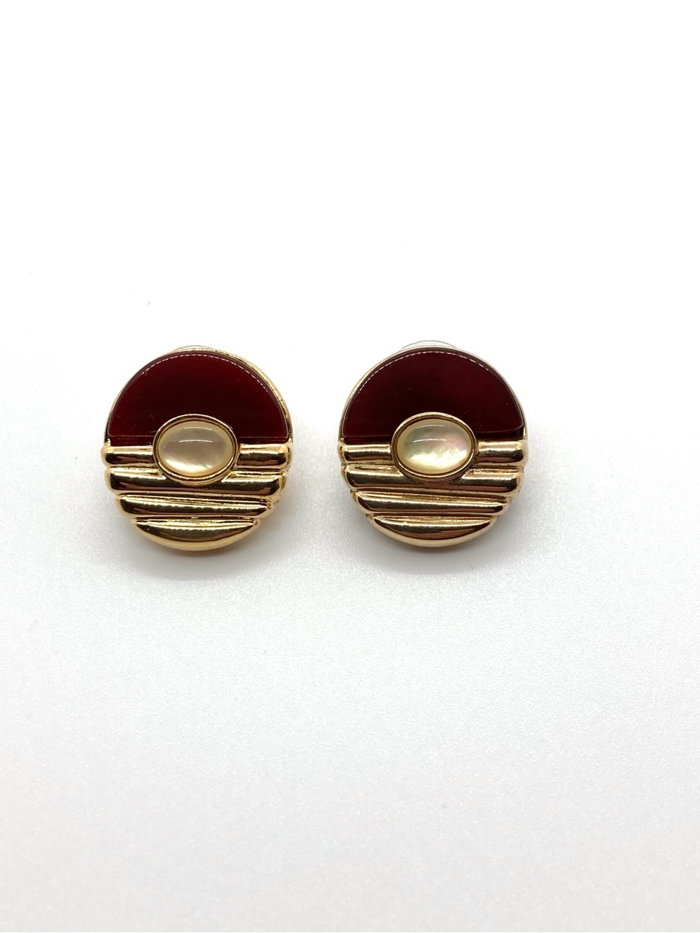 Butler Gold-Tone Round Maroon Lucite & Mother of Pearl Like Pierced Earrings
